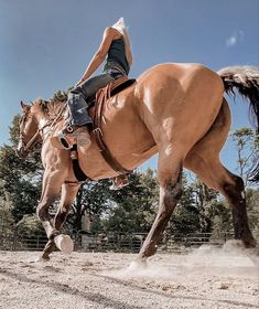 a woman riding on the back of a brown horse across a dirt field with trees in the background