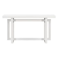 a white table with two legs and a shelf on the top, against a white background