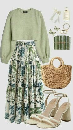 #summer #spring #fashion #aesthetic #green #bag #books #floral Modesty Outfits, Cute Modest Outfits, Everyday Fashion Outfits, Church Outfits, Outfits Fall, Trendy Fall, Modest Fashion Outfits, Cute Everyday Outfits, Really Cute Outfits