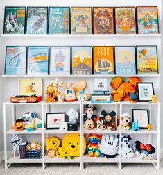 a book shelf filled with lots of books and stuffed animals on top of it's sides