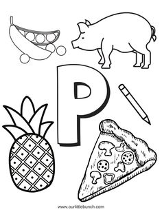 the letter p is for pizza and other things to eat coloring pages with pictures on it