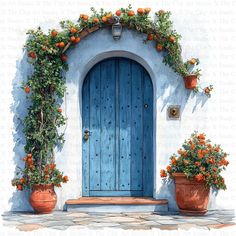 a blue door with orange flowers and potted plants