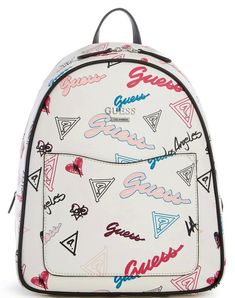 NEW GUESS Women's Graffiti Print Logo Backpack Bag Handbag For carrying all your essentials, this logo printed faux-leather backpack is designed with a front logo emblem and slip pocket. Complete with a zip-around closure and adjustable shoulder straps.. Color: White Multi Top zipper closure Adjustable backpack straps with 14" drop. Top handle with 2.25" drop. Dimensions: 10.5"W x 12.5"H x 4.75"D White Shoulder Bag With Logo For Everyday Use, White Shoulder Bag With Logo Print, Casual Logo Print Shoulder Bag For Travel, Casual Shoulder Bag With Logo Print For Travel, Casual Travel Shoulder Bag With Logo Print, White Logo Print Shopping Bag, White Backpack With Logo, White Logo Backpack For Everyday Use, Trendy Logo Print Bags For Daily Use