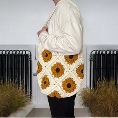 Sunflower Crochet Tote Bag, Granny Square Bohemian Bag Handmade | eBay Sunflower Crochet, Bohemian Bag, Bohemian Bags, Crochet Tote Bag, Crochet Tote, Bag Handmade, Hand Bags, Granny Square, Sunflower