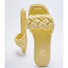 Woven Raffia Upper. Squared Toe. Airfit. Technical Flexible Latex Foam Insole Designed To Offer Increased Comfort. Sole Height: 0.4 Inches (1 Cm) Color Yellow Ref 2605/810 #Kl Spring Slides With Braided Straps, Casual Yellow Sandals With Open Heel, Casual Yellow Open Heel Sandals, Yellow Flat Slides For Vacation, Yellow Sandals With Woven Sole For Summer, Chic Yellow Slip-on Sandals, Trendy Summer Flats, Yellow Flat Slides For Beach, Beach Open Toe Flats With Woven Sole