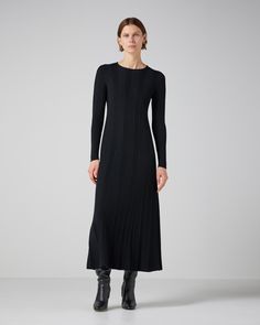 Wide ribbed herringbone knitted long sleeve a-line midi dress. Black Wool Midi Dress, Luxury Ribbed A-line Dress, Black Wool Fine Knit Outerwear, Black A-line Midi Dress In Elastane, Luxury Black Knit Dress, Knitwear Tops, Black Wool, Herringbone, Shoe Collection