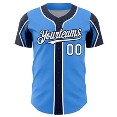 Custom Electric Blue White-Navy 3 Colors Arm Shapes Authentic Baseball Jersey Blue College Jersey With Baseball Collar, Blue Baseball Collar Jersey For College, Blue Varsity Jersey With Team Name, Blue Letter Print Jersey For College, Blue Varsity Jersey For Baseball Season, Blue Jersey With Baseball Collar For Fan Gear, Blue Jersey With Baseball Collar For Fans, Blue Team Spirit Jersey For College, Blue Baseball Jersey With Team Name