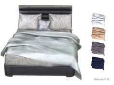 an image of a bed with pillows and blankets on it's headboard, all in different colors