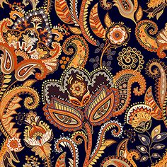 an orange and blue paisley pattern on a black background