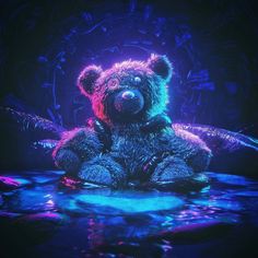 a teddy bear sitting on top of a blue and purple liquid filled surface in front of a black background