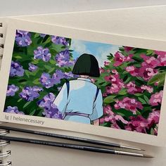 a drawing of a person standing in front of purple flowers with two pencils next to it