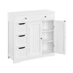 a white cabinet with three drawers and two doors