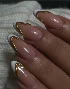 fall nails, fall nail designs, september nails, october nails Nail For Party, French Nail Designs With Gold, Gold French Nails Design, French With Gold Nails, French With Design Nails, White And Gold French Tip, White Gold Nail Art, Cute Simple Nail Ideas, French Tips Ideas