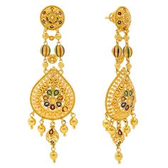 The colorful Meenakari details added to this beautiful pair of 22k yellow gold earrings adds a vibrant cultural appeal to the traditional gold earring design. Features • 22k yellow gold • Beading • Enamel Virani Jewelers is a leading Indian Gold jewelry store in the Iselin, New Jersey specializing in exquisite 22k gold jewelry designs. Shop with us for the finest Indian jewelry and experience the beauty and elegance of our luxury gold jewelry creations. Specifications: • Minimum Earrings Width - Gold Jewelry Designs, Luxury Gold Jewelry, Meenakari Earrings, 22k Gold Jewelry, Gold Jewelry Stores, Yellow Gold Earrings, Gold Bead Necklace, Gold Earrings Designs, Gold Jewelry Indian