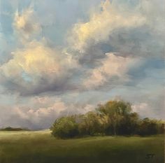 an oil painting of clouds over a green field