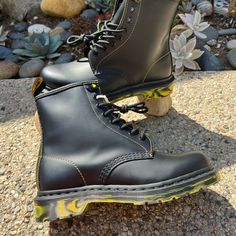 The Sole Is A Pillar Of Dr. Martens Construction, Renowned For Its Comfort And Stability. This Style 1460, 8-Eye Boot Sits On A Yellow And Black Marbled Sole. Smooth Leather With Contrast Yellow Stitching Can Be Polished To Shine Or Artfully Scuffed-Up Depending On Your Preference. * A Two-Tone Marble Sole With Distinctive Grooving And Tread Pattern * Construction Is Reinforced With A Signature Welt Stitch * Sole Height Is 1/2” * Heel Height Is 1 1/8” * Rounded Toe Shape * Brand New * Unisex Boo Pattern Construction, Yellow And Black, To Shine, Lace Up Boots, Smooth Leather, Shoe Laces, Two Tone, Heel Height, Black Leather