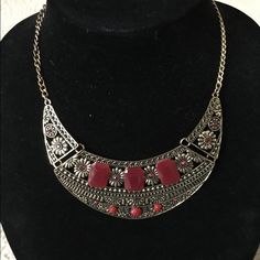 Pretty Necklace. Red Bohemian Nickel-free Necklace, Red Metal Necklaces For Party, Bohemian Red Nickel-free Necklace, Festive Red Metal Jewelry, Elegant Red Nickel-free Necklace, Red Jeweled Metal Necklaces, Red Metal Necklaces With Jewels, Bohemian Red Metal Jewelry, Nickel-free Red Metal Necklace