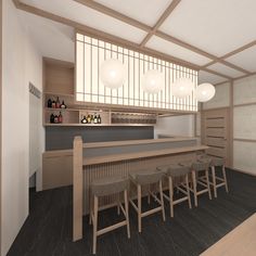 an empty bar with stools and bottles on the shelves