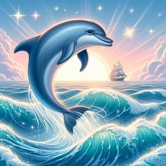 a dolphin jumping out of the water with a ship in the background at sunset or sunrise