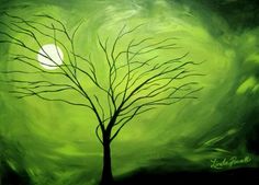 a painting of a tree with no leaves and the moon in the sky behind it