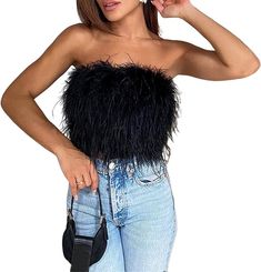 rim Sleeveless Vest Tank Top Party Club Streetwear $12.99 Feather Crop Top, Strapless Tank Top, Trendy Summer Fits, Party Crop Tops, Feather Tops, Strapless Crop Top, Sleeveless Outfit, Tube Tops, Traje Casual