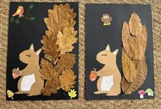 two cards with leaves and animals on them sitting on the floor next to each other