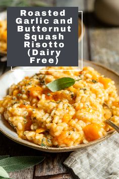 roasted garlic and butternut risotto dairy free on a plate with a fork