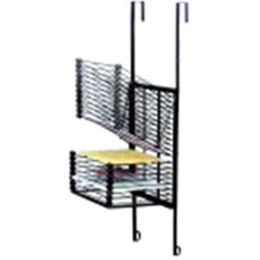 a metal shelf with two shelves on each side and one shelf attached to the wall