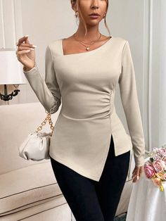 Women's Plus Size Elegant  Fall Zip  Back To Schoo   Street Commute Dating Afternoon Tea Solid Color Irregular Hem Ruched Long Sleeve T-Shirt, Perfect For Early Autumn Camel Casual  Long Sleeve Knitted Fabric Plain  Medium Stretch  Women Plus Clothing, size features are:Bust: ,Length: ,Sleeve Length: Pant And Top Outfit, Corporate Tops, Classy Tops, Long Sleeve Tops For Women, Classy Blouses