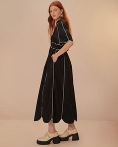 Short Sleeve Midi Dress, Black And White Shorts, Flowing Skirt, Midi Short Sleeve Dress, Contrast Piping, Sleeve Midi Dress, Soft Shorts, White Short