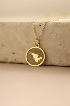 Gold Eagle Pendant - Eagle Gold Necklace ● Material of pendant: Solid Gold 14k ( REAL GOLD ) ● Metal Stamp: 14k ( REAL GOLD ) ● The pendant is available in 5 sizes: - 12,7 mm / 0.5 inches (Diameter) - 14,0 mm / 0,55 inches ( Diameter ) In the photos - 15,3 mm / 0.6 inches ( Diameter ) - 16,5 mm / 0,65 inches ( Diameter ) - 19,1 mm / 0,75 inches ( Diameter ) ( In the photos the size is 14mm / 0.55 inches Diameter ) ( Jump Ring inner diameter: 4 mm ) ● Material of chain: Solid gold 14k ( REAL GOLD Gold Charm Necklaces For Commemoration, Yellow Gold Jewelry With Charms For Birthday Gift, Yellow Gold Necklaces With Charms For Birthday Gift, Hallmarked 14k Gold Necklace For Birthday Gift, Hallmarked Yellow Gold Jewelry For Birthday Gift, 14k Gold Hallmarked Necklace For Birthday, 14k Gold Round Jewelry For Birthday Gift, Hallmarked Round Jewelry For Birthday Gift, Engraved Yellow Gold Charm Necklaces As Birthday Gift