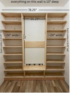 the measurements for an empty closet with shelves