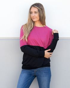 These lightweight colorblock pullovers are perfect for any occasion and will go with any outfit. Great for layering and will make a bold statement! This pullover will soon become a crowd favorite, make sure to grab yours now! Sizing: Small 0-4 Medium 6-8 Large 10-12 XL 12-14 Color Block Sweatshirt For Layering, Long Sleeve Color Block Tops For Layering, Pink Spliced Top For Fall, Color Block Tops For Fall Layering, Contrast Color Block Long Sleeve Tops, Versatile Black Crew Neck Sweater, Spring Color Block Sweater For Layering, Pink Color Block Top For Fall, Trendy Long Sleeve Color Block Tops