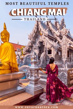 a woman in a purple dress standing next to a golden buddha statue with the words top temples to see in chinese