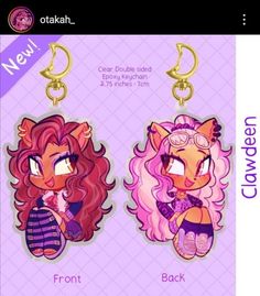 two keychais with different designs on them, one is pink and the other is purple