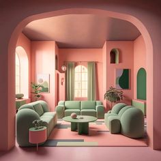 a living room with pink walls and pastel green furniture in the center, along with a potted plant