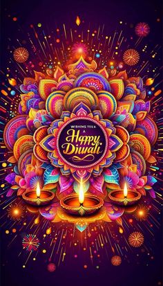 happy diwali greeting card with colorful lights