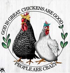 two chickens standing next to each other on top of a wooden surface with the words, chicken