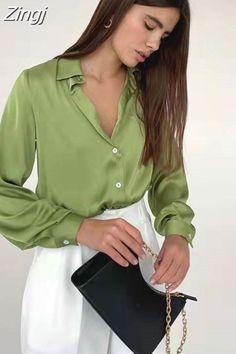 Green Silk Blouse, Casual Blouse Women, Women's Sash, Satin Shirts, Blouses Vintage, Blouses Women, Chic Blouses