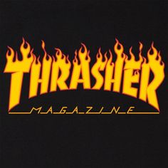 the logo for thrash magazine with flames on it's back and yellow letters that spell out