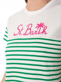 Woman t-shirtGreen and white stripedSt. Barth embroideryRound neckShort sleevesRegular fitTrue to sizeComposition: 100% cotton. | MC2 Saint Barth Women's Green Striped Cotton T-shirt With St. Barth Embroidery in White | SS18 White Short Sleeve T-shirt With Signature Stripes, White T-shirt With Contrast Stripes For Summer, Summer Short Sleeve T-shirt With Signature Stripes, White T-shirt With Contrast Stripes, Green Cotton Tops With Signature Stripes, White Contrast Stripes T-shirt For Summer, Green Short Sleeve T-shirt With Contrast Stripes, Saint Barth, St Barth