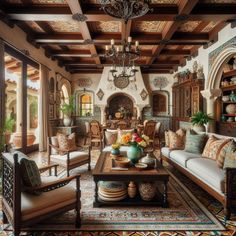 a living room filled with furniture and a chandelier hanging from the ceiling above