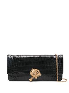 black leather embossed crocodile effect detachable leather and chain-link shoulder strap tiger plaque detail main compartment internal zip-fastening pocket internal card slots full lining gold-tone hardware front flap closure magnetic fastening Evening Clutch Bag With Logo Plaque, Evening Clutch With Logo Plaque, Evening Clutch Bags With Logo Plaque, Luxury Clutch Bag With Logo Plaque, Formal Leather Wallet On Chain With Logo Plaque, Leather Cross Body Bag, Crocodile Leather, Leather Cross, Pump Sandals