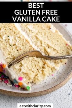 the best gluten free vanilla cake is on a plate with a fork