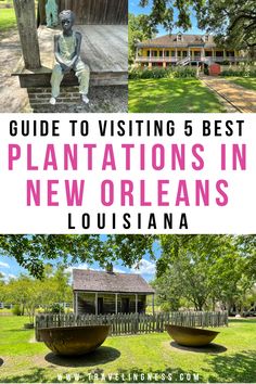 Statue of a slave child sitting on a cabin porch, a beautiful plantation mansion, and slave quarters with copper bowls for boiling sugar in front on a plantation in New Orleans, Louisiana. New Orleans Plantations, New Orleans Mansion, Louisiana Vacation, Louisiana Plantations, Mansion Tour, Alabama Beaches, Luxury Mansions