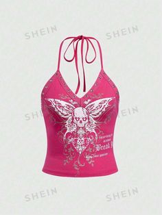 Free Returns ✓ Free Shipping✓. ROMWE PUNK Skull & Slogan Graphic Grommet Eyelet Halter Top Enjoy Being The Standout Break It Keep Your Passion- Women Tank Tops & Camis at SHEIN. Skull Crop Top, Halloween Butterfly, Clothes Teen, Redesign Ideas, Punk Top, Teen Swag, Punk Skull, Female Tops, Aesthetic Grunge Outfit