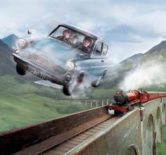 an old car is driving over a bridge with a train on it