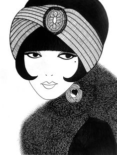 a black and white drawing of a woman wearing a hat with a fur coat on it