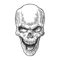 a human skull with an open mouth and fangs on it's face, hand drawn in