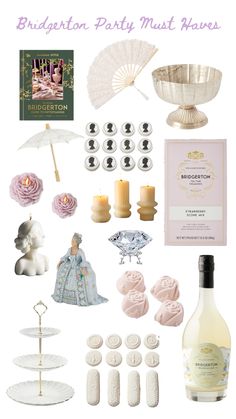 the bridal party must haves are arranged on top of each other, including an umbrella